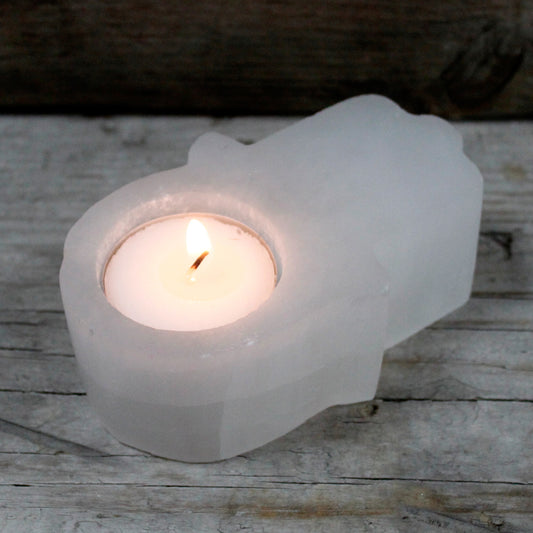 Selenite Candle Holder - Hamsa Hand - Starlit Wisdom