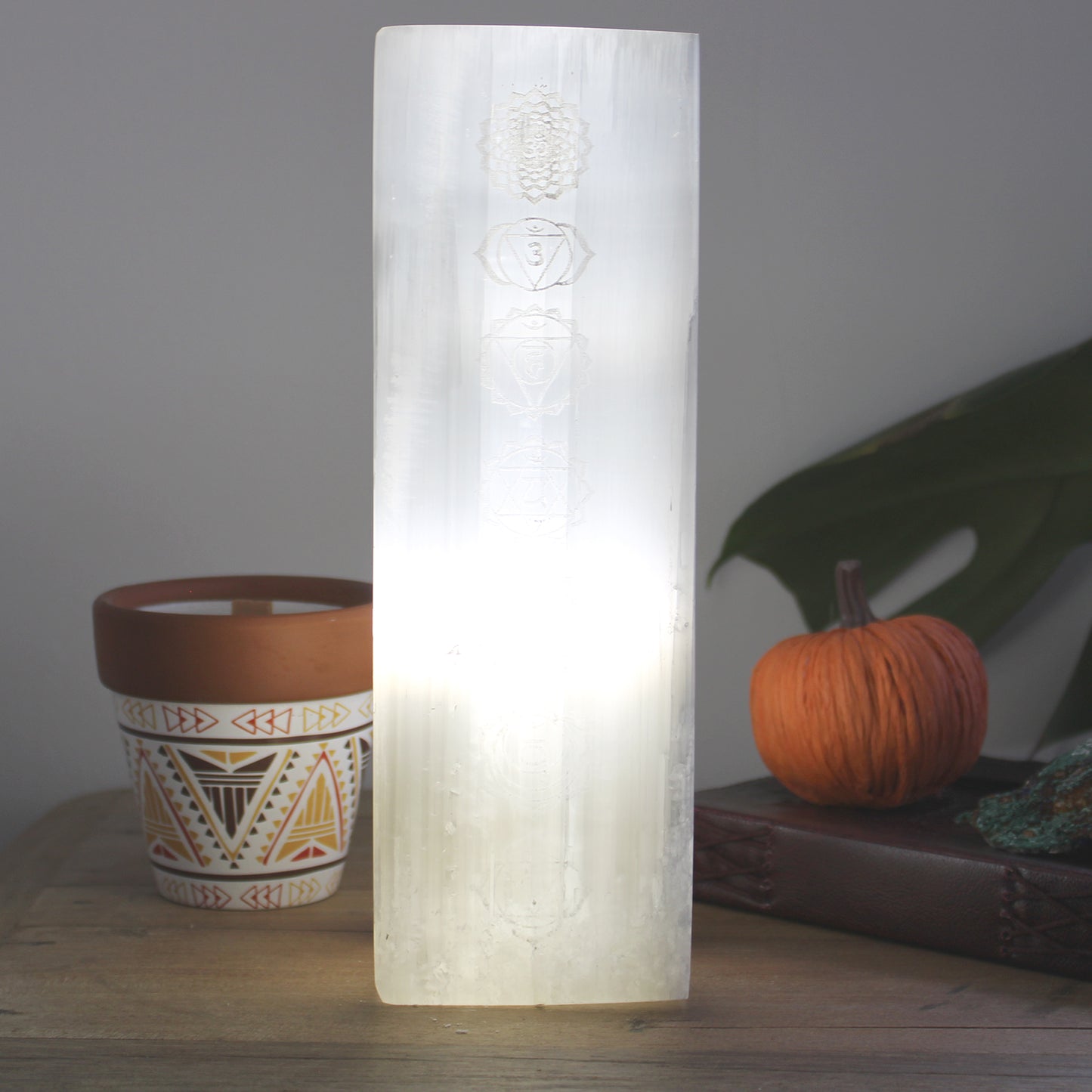 Selenite Block Lamp 25cm - Engraved Chakra Lamp - Starlit Wisdom