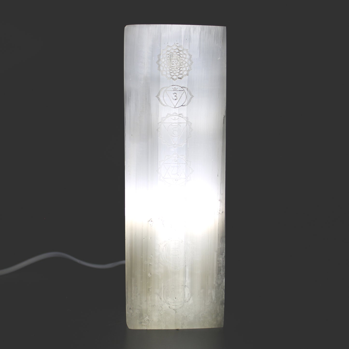 Selenite Block Lamp 25cm - Engraved Chakra Lamp - Starlit Wisdom