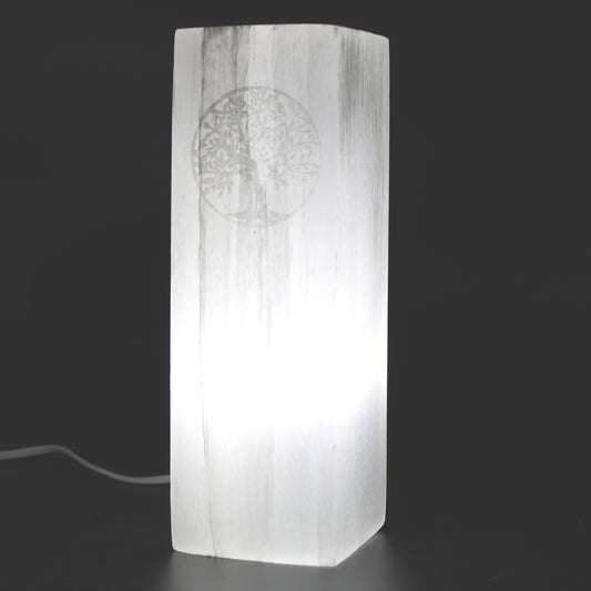 Selenite Block Lamp - Engraved Tree of Life 25cm - Starlit Wisdom