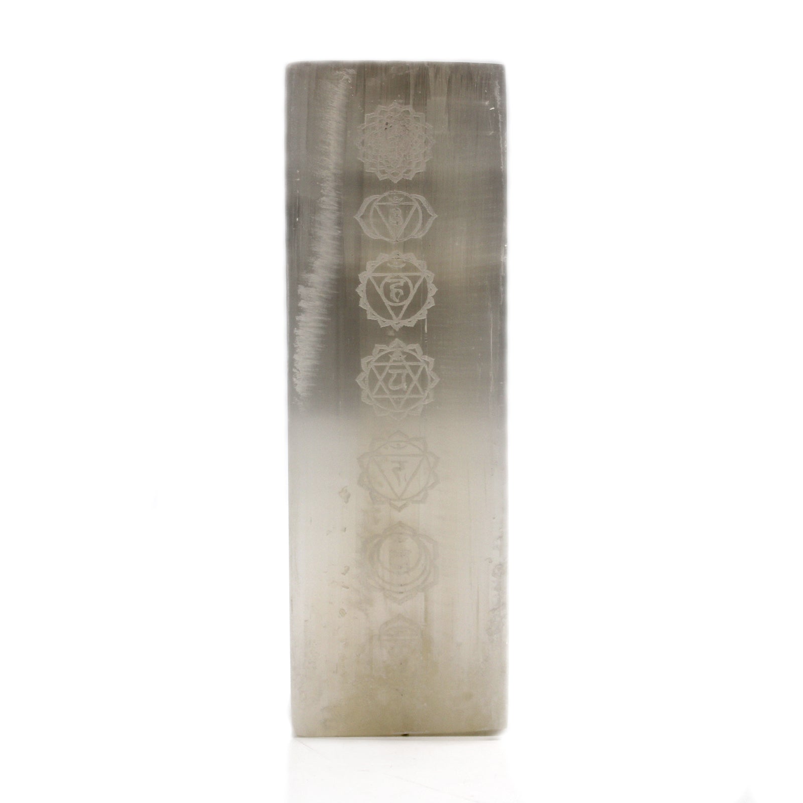 Selenite Block Lamp 25cm - Engraved Chakra Lamp - Starlit Wisdom