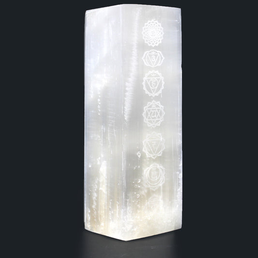 Selenite Block Lamp 25cm - Engraved Chakra Lamp - Starlit Wisdom