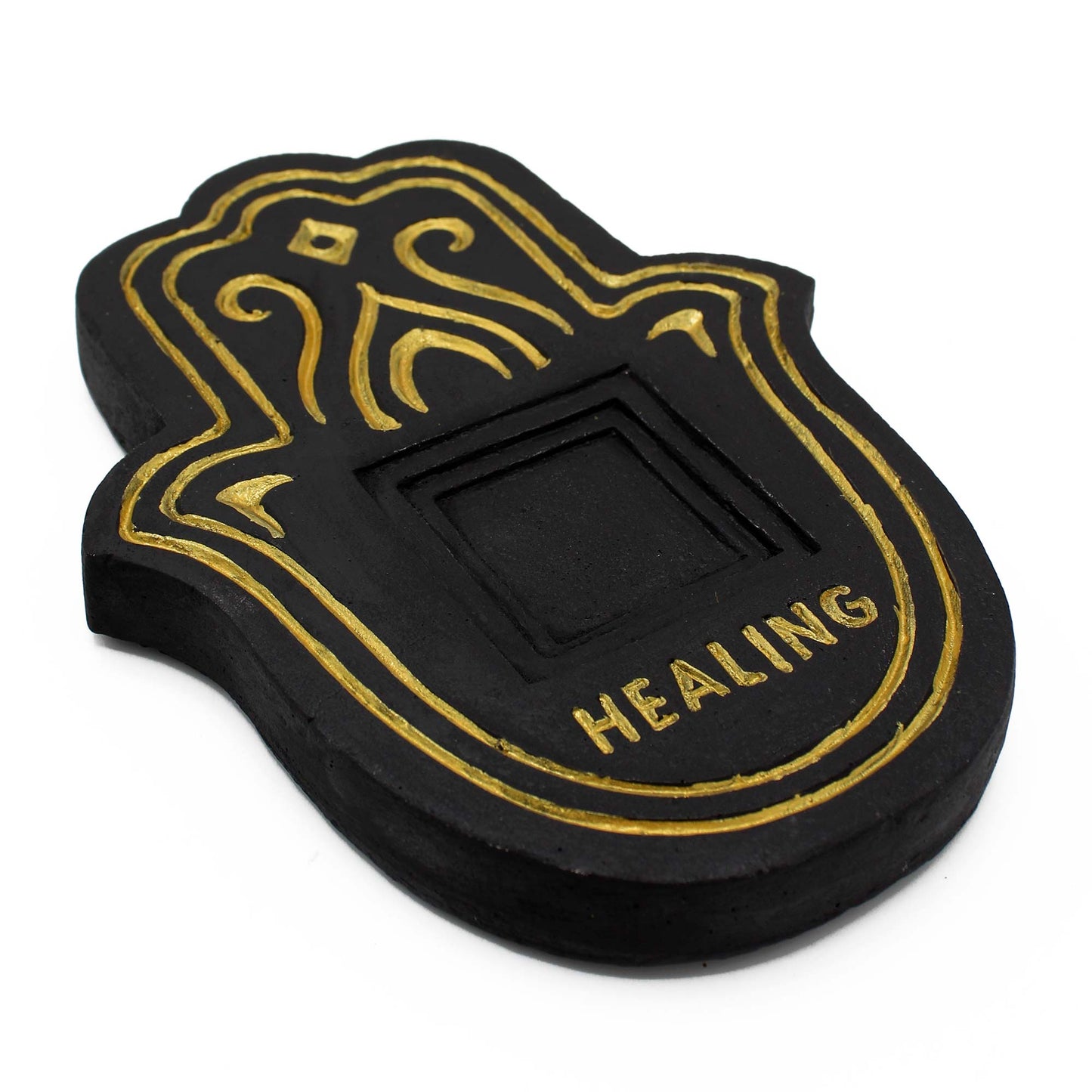 Hamsa Hand Healing Incense Plate - Black & Gold Stone Effect - Starlit Wisdom