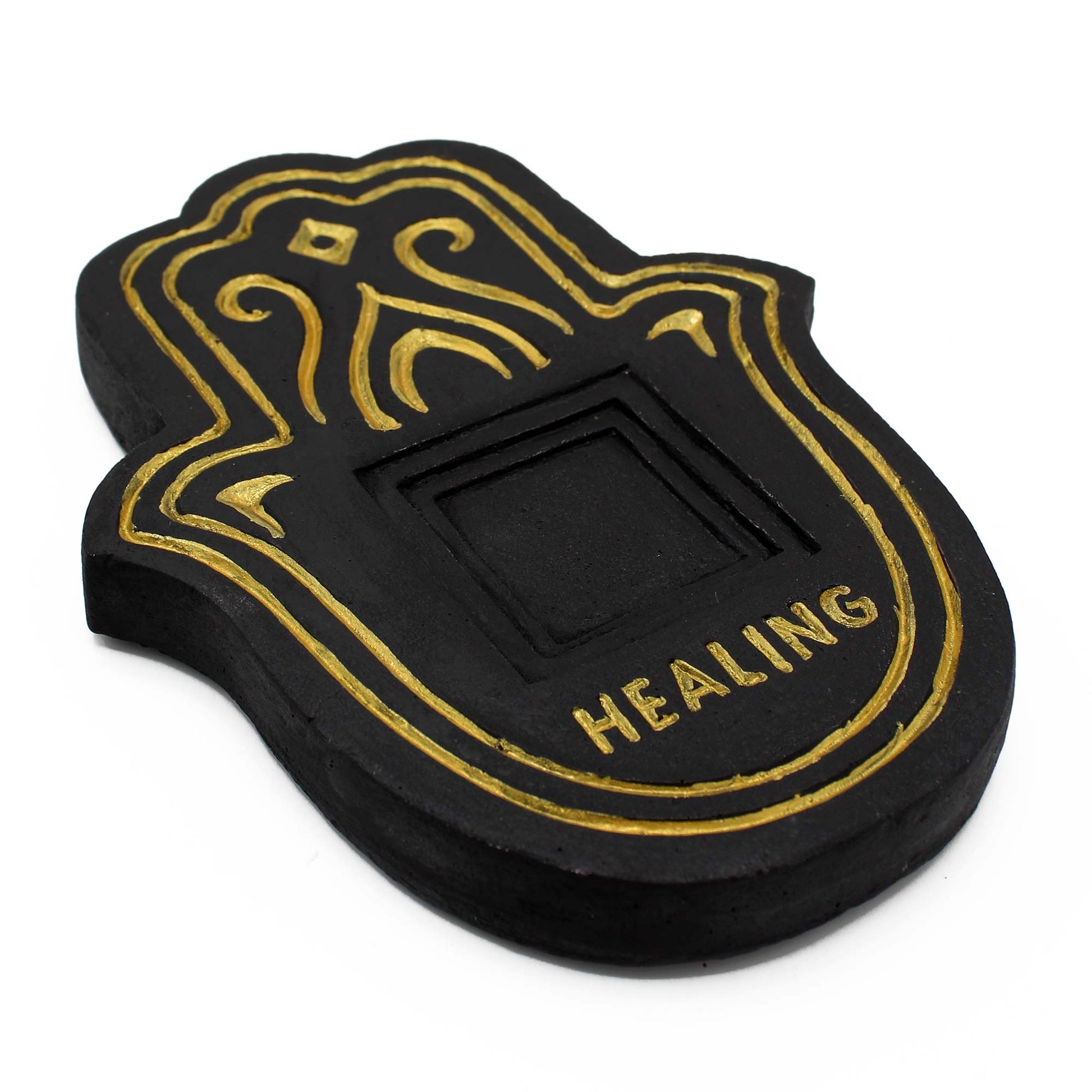 Hamsa Hand Healing Incense Plate - Black & Gold Stone Effect - Starlit Wisdom