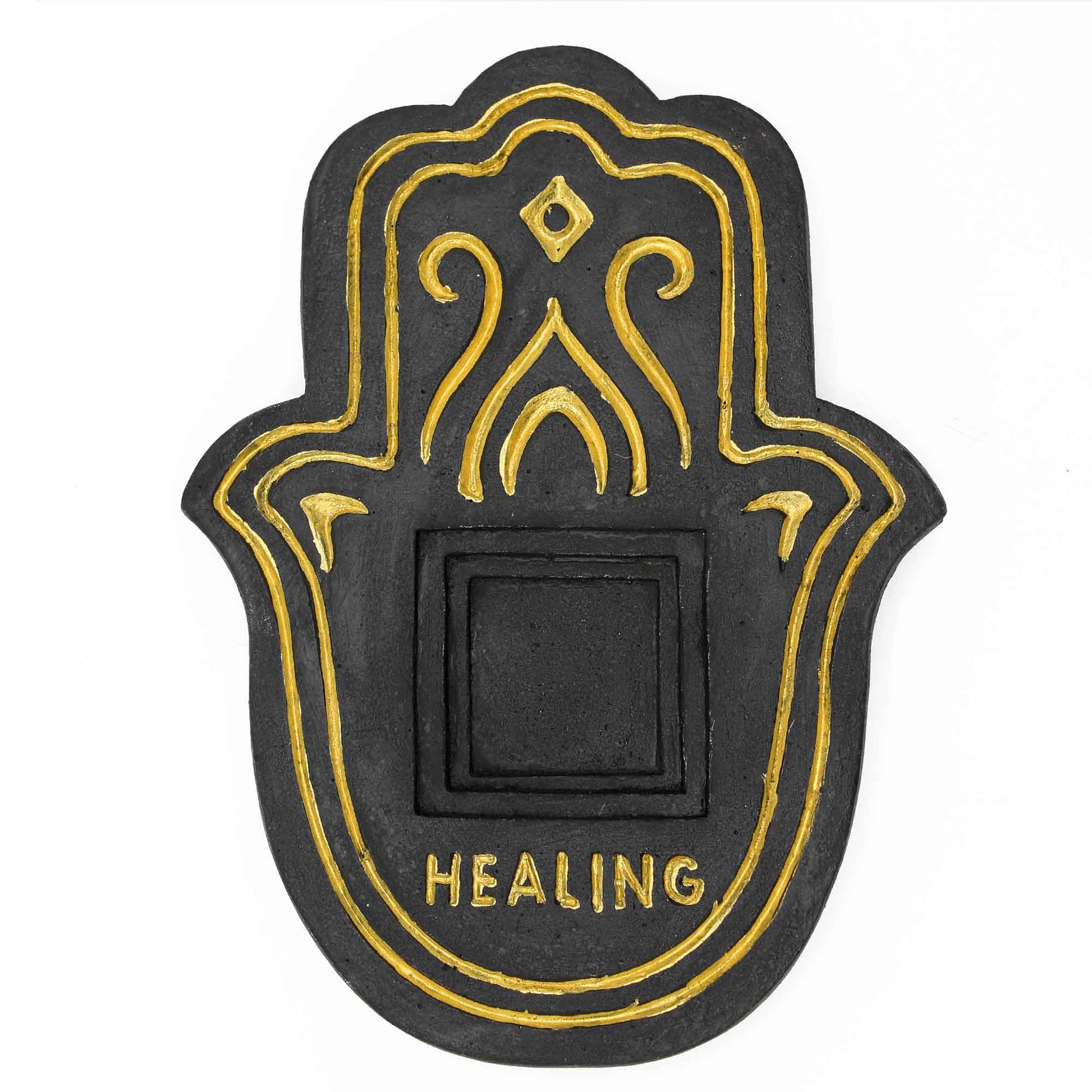 Hamsa Hand Healing Incense Plate - Black & Gold Stone Effect - Starlit Wisdom