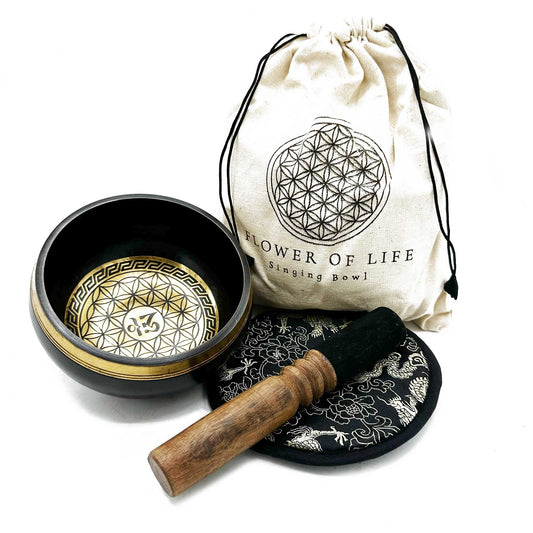 Flower of life engraved Tibetan singing bowl set